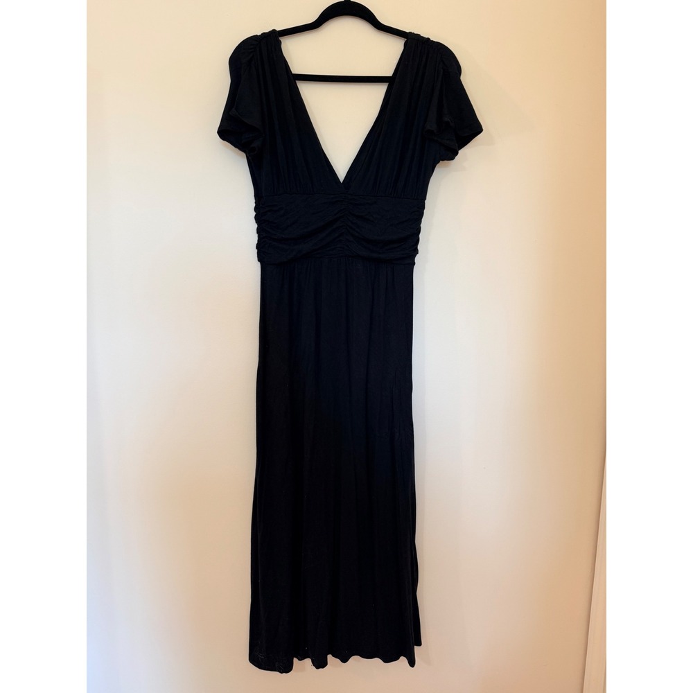 Earthbound Trading Co Black V-Neck Ruched Empire Waist Midi Dress Womens Medium